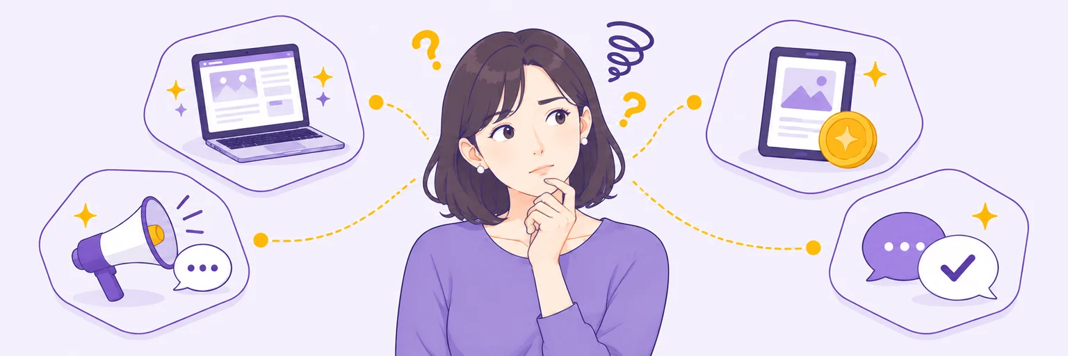 複数のAI副業候補を前に、どれを選ぶか迷っている女性